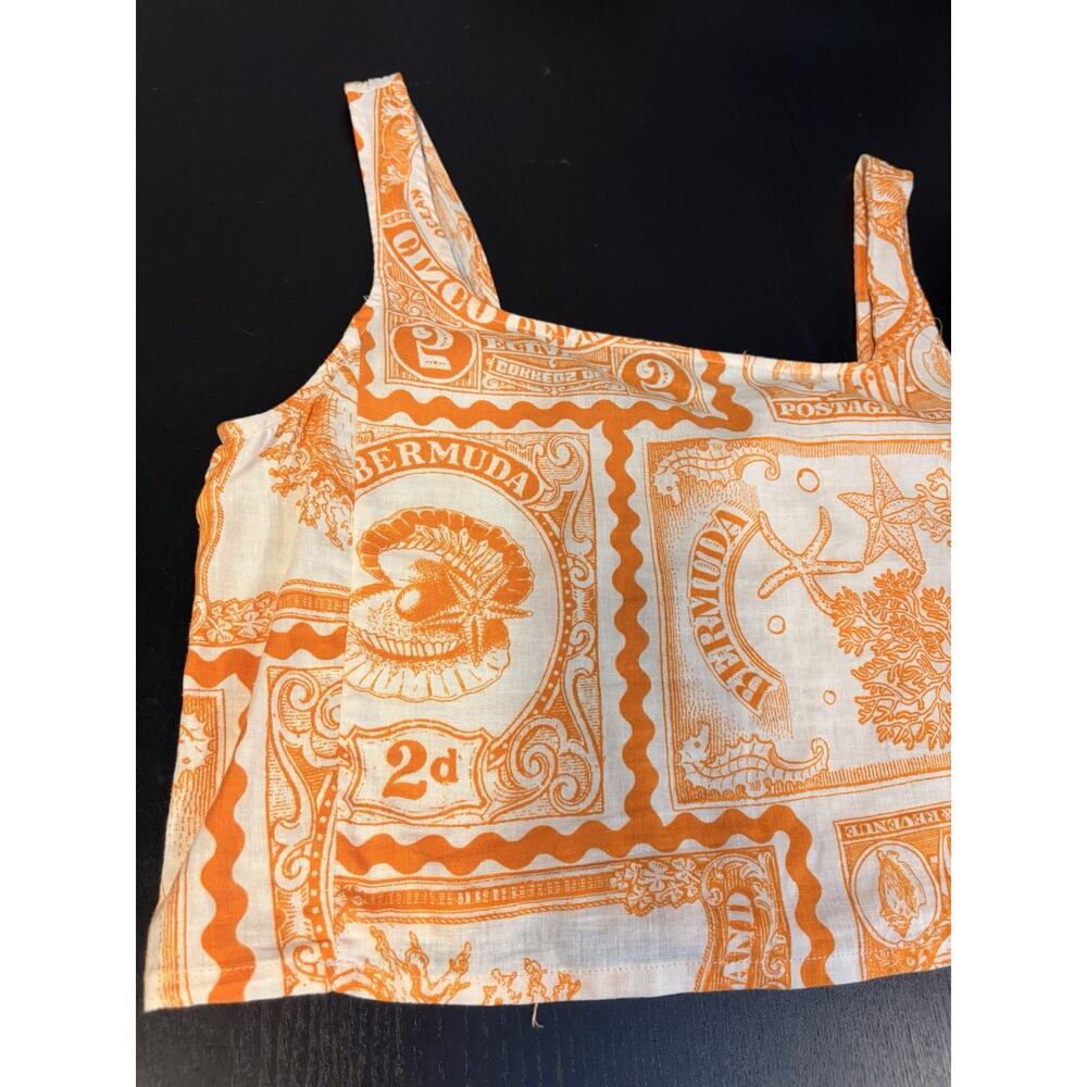 NWT Atelier Nicole Miller Linen Blend Crop Top L Orange Bermuda Stamp Coastal - Picture 3 of 8